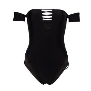 Black Lace Up One Piece Swimsuit